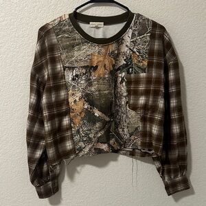 Patchwork Mixed Plaid & Camo Cropped Sweatshirt - Brown/Olive